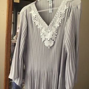 Catherine’s 1X gray pleated blouse with lace appliqué neckline and bell sleeves